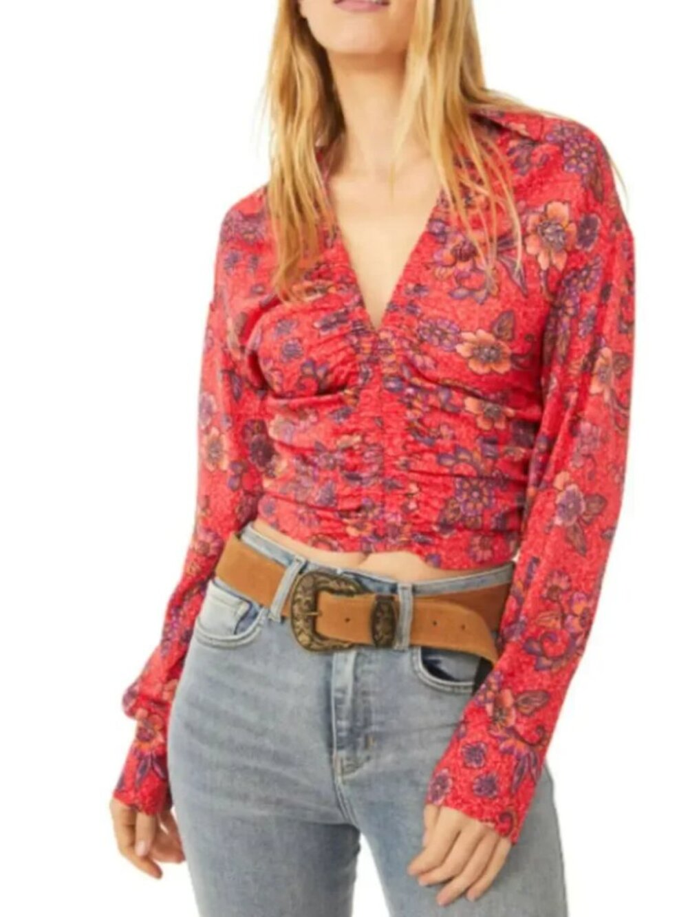 Free People Pink Red Floral "IGot You" Smocked Ruched Long Sleeve Crop Top - Rub